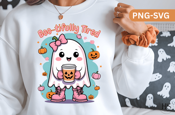 Cute Ghost “Boo-tifully Tired” Clipart: Graphics for Fall Branding