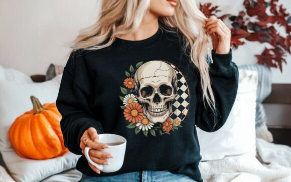 Fall Vibes Checker Skull T-shirt PNG Graphics